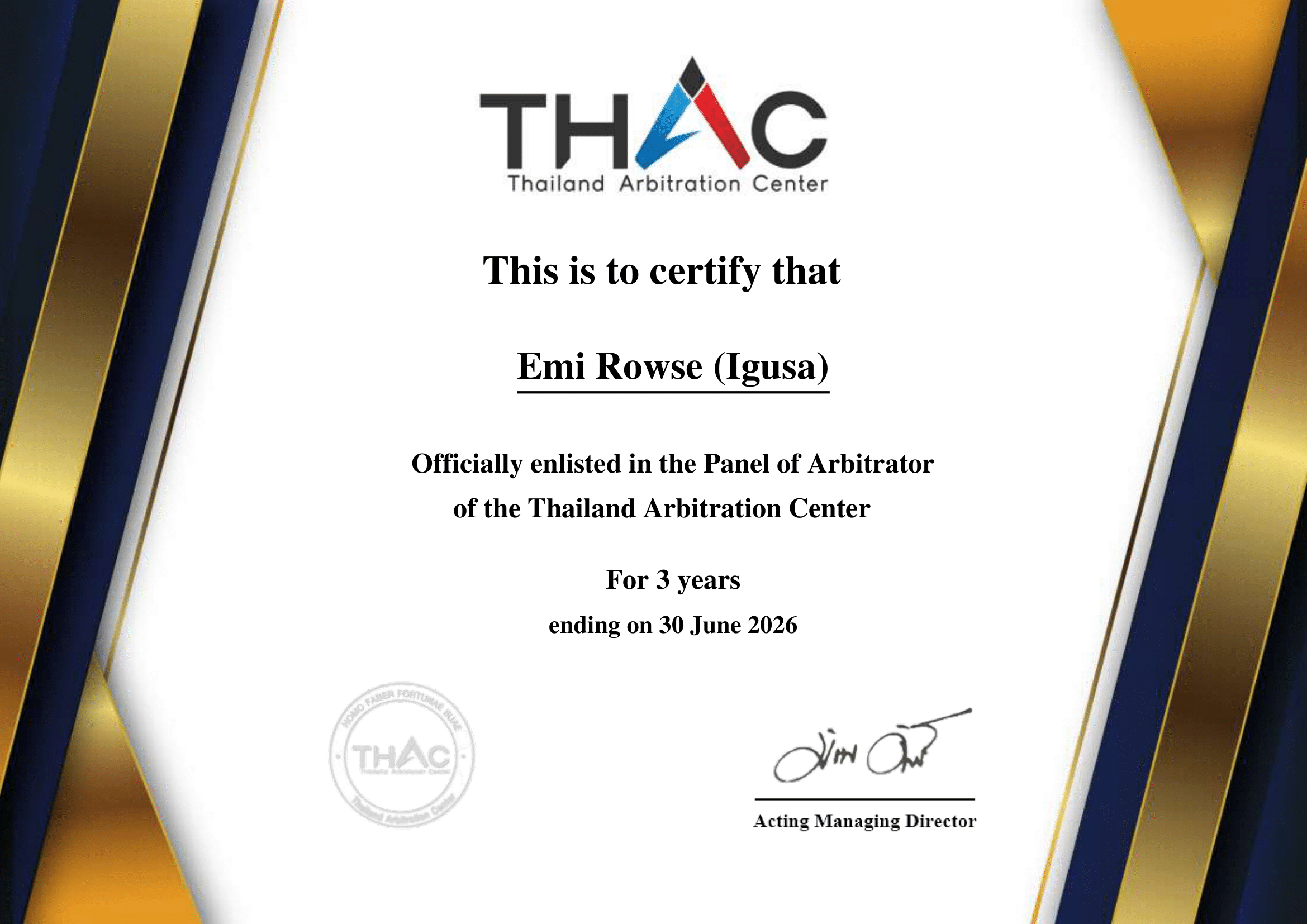 certificate arbitrator EMI THAC