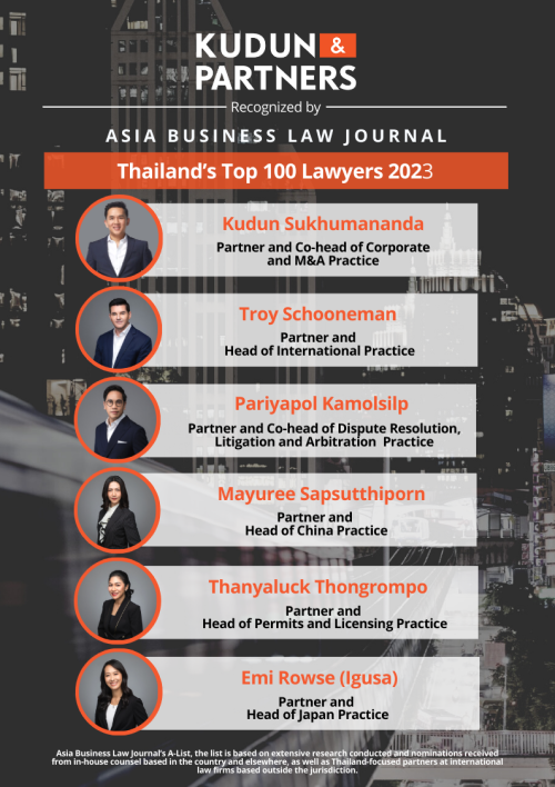 Partners of Kudun and Partners Recognised in the 2023 Asia Business Law Journal’s A-List Top 100 Lawyers in Thailand