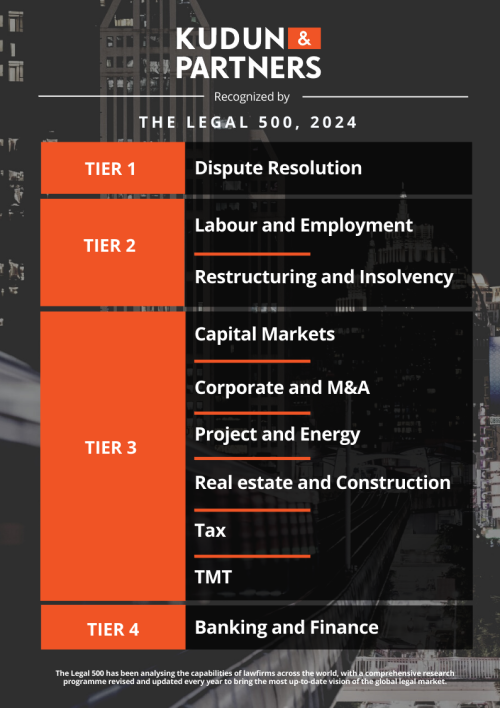 Kudun and Partners Ranked in 10 Practices in the Legal 500, 2024 Rankings.